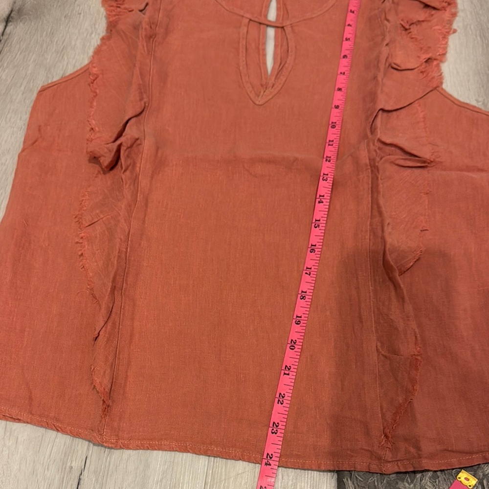 Krisa 100% linen Flutter Sleeve Blouse with side Ruffles and cut out front. - Picture 8 of 8